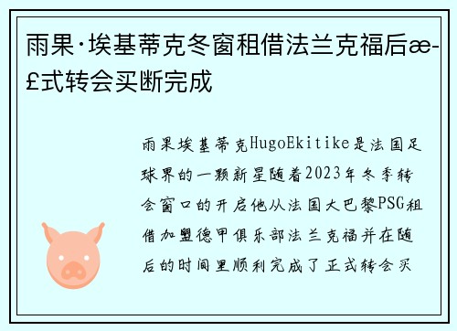 雨果·埃基蒂克冬窗租借法兰克福后正式转会买断完成